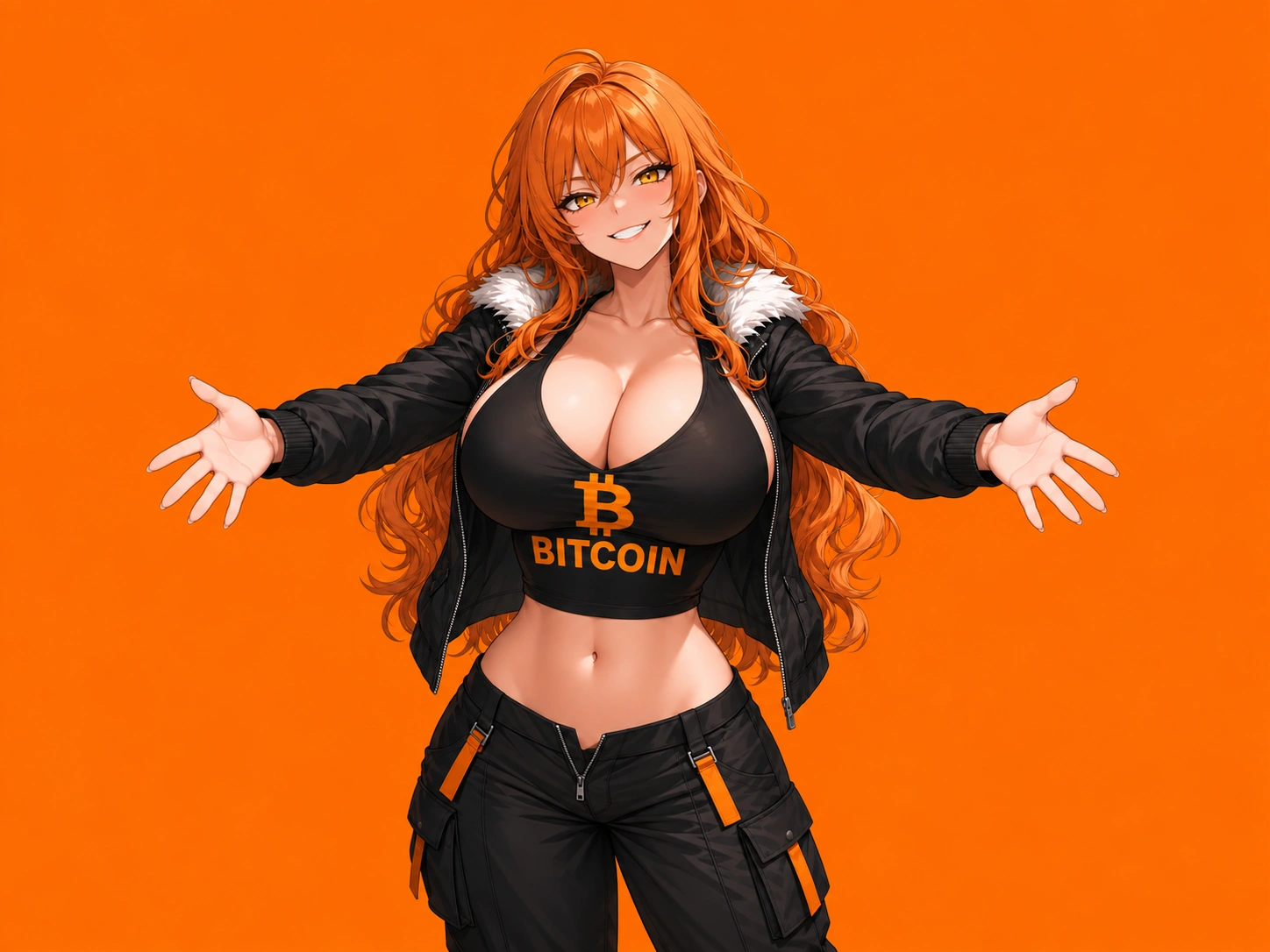 Big Titty Chain’s orange-haired illustrated mascot wearing the Bitcoin symbol